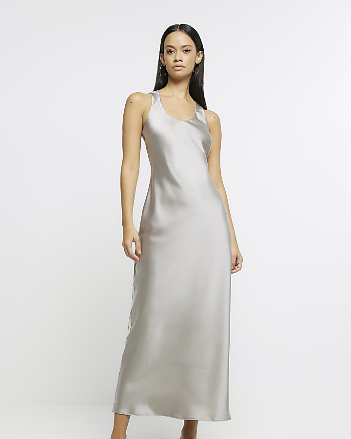 Silver satin hot sale long dress