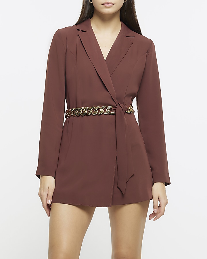 Brown chain belt blazer playsuit