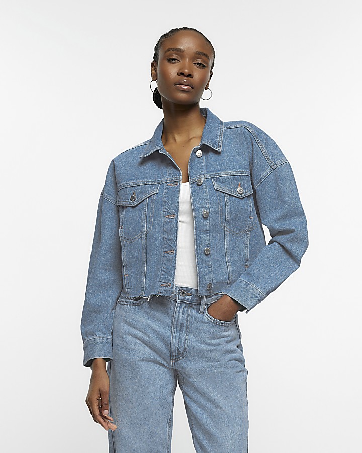 Oversized denim cropped hot sale jacket