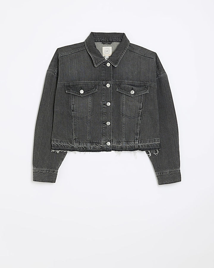 Black cropped denim jacket River Island