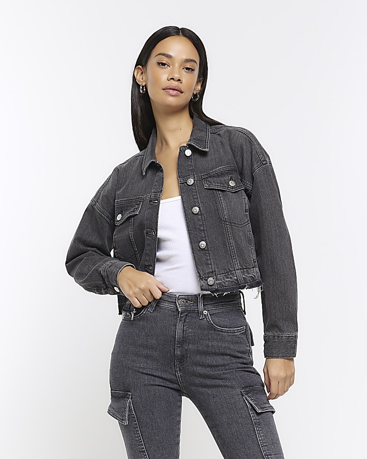 Black cropped denim jacket | River Island