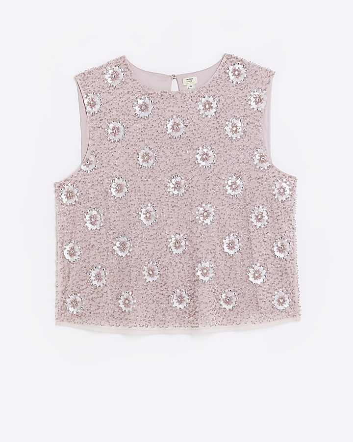 Pink sequin floral sleeveless top