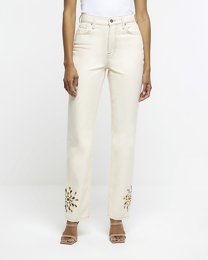 Ecru straight fit embroidered jeans