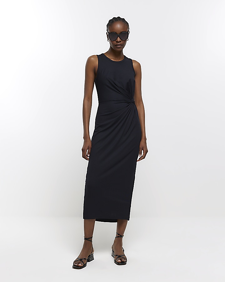 Black ribbed twist midi dress