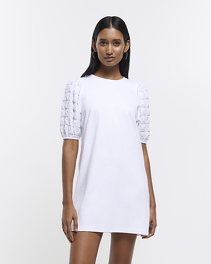 White textured puff sleeve t-shirt mini dress