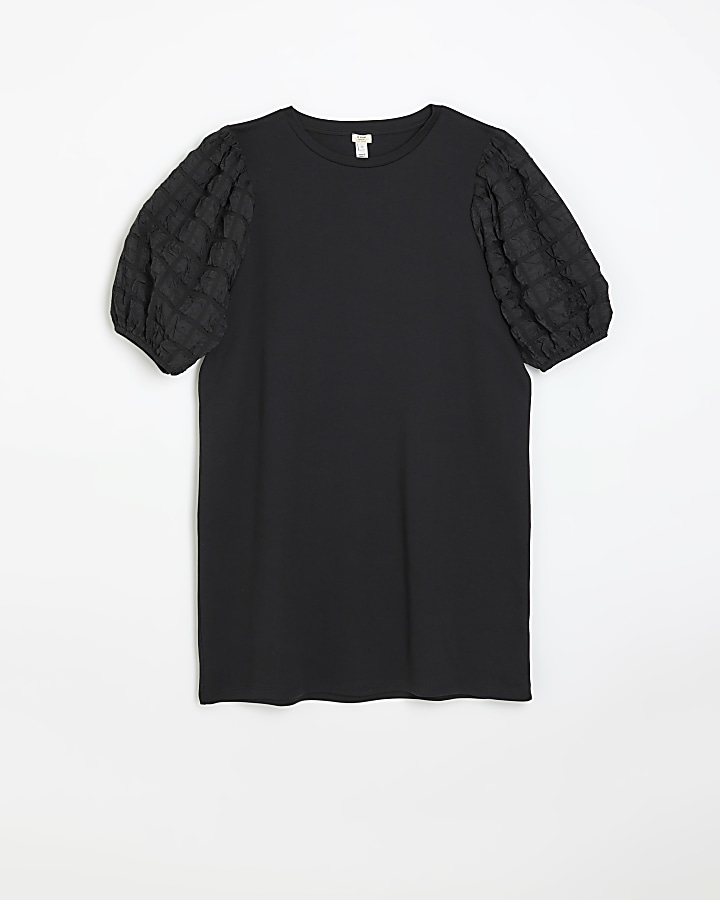 Black textured puff sleeve mini t-shirt dress