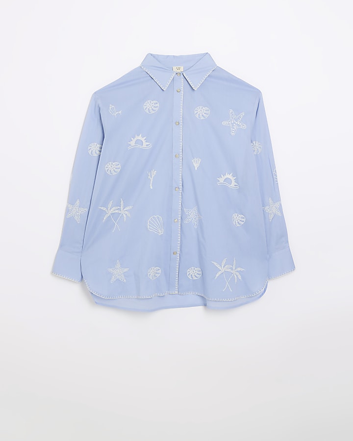 Blue embroidered long sleeve shirt