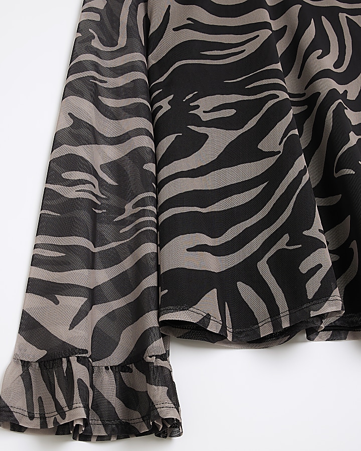 Cream Zebra Print Mesh Ruffle Sleeve Blouse | River Island
