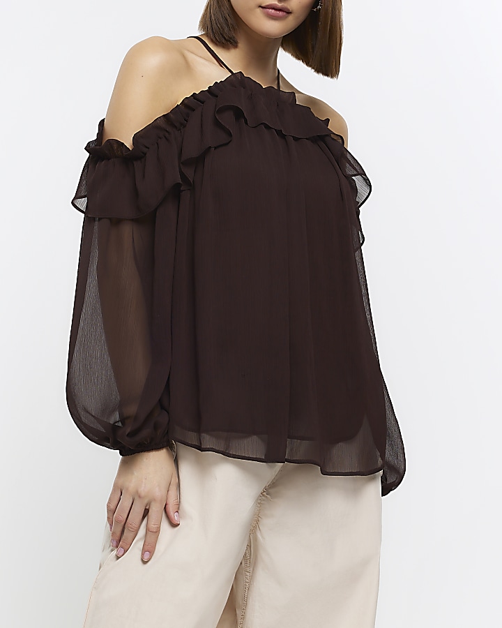 Brown chiffon cold shoulder blouse
