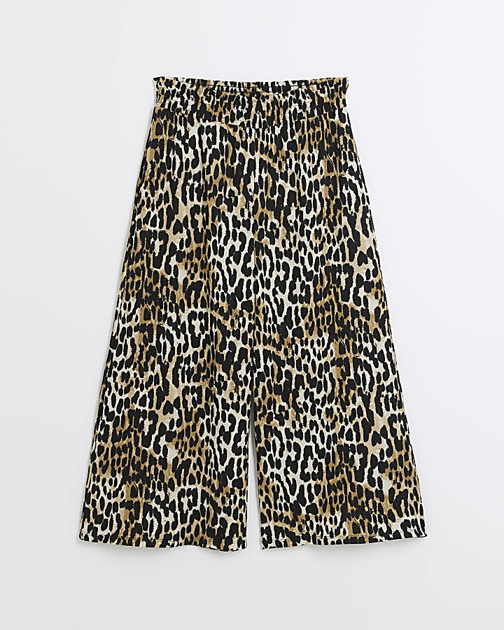 Beige leopard print wide leg trousers
