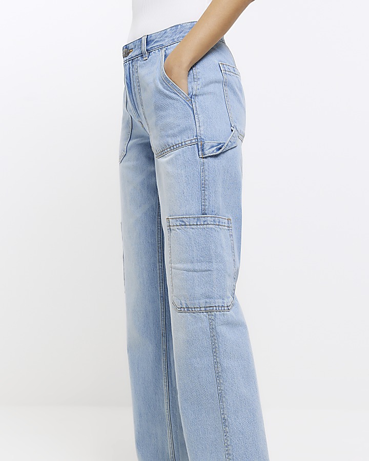 Blue high waisted wide leg cargo jeans | River Island