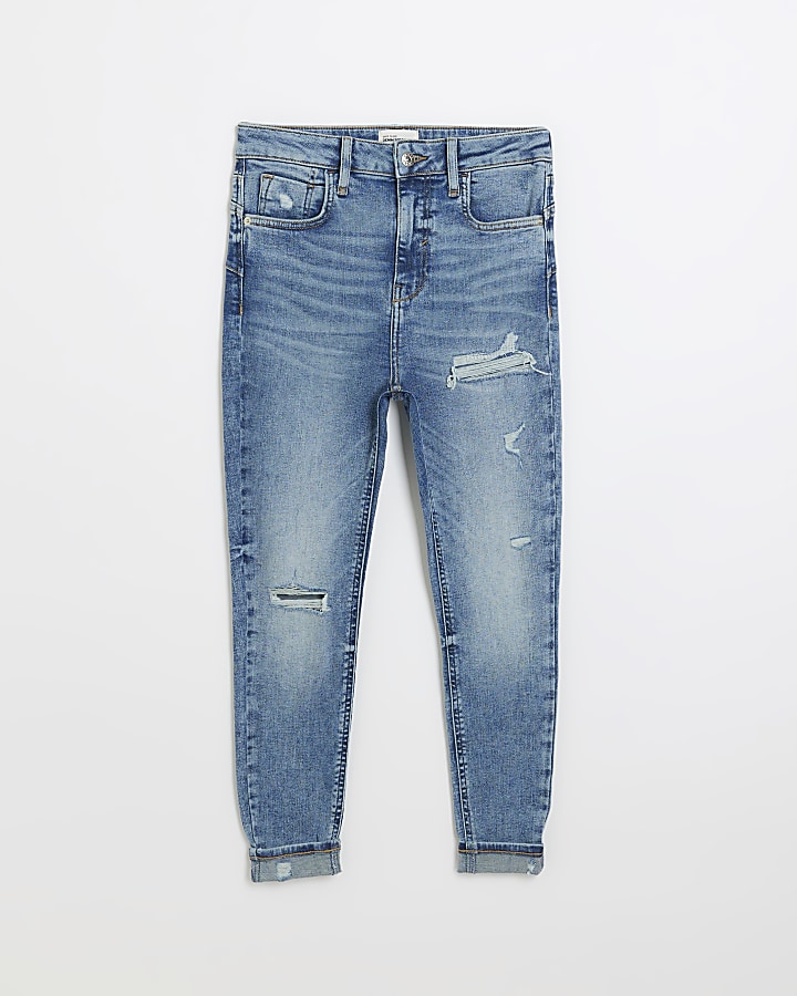 Petite blue high waist skinny ripped jeans | River Island