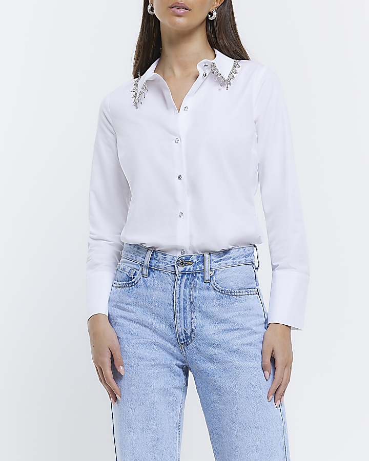 White diamante collar poplin shirt