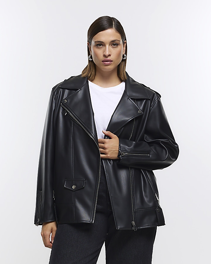 Plus black faux leather oversized jacket | River Island