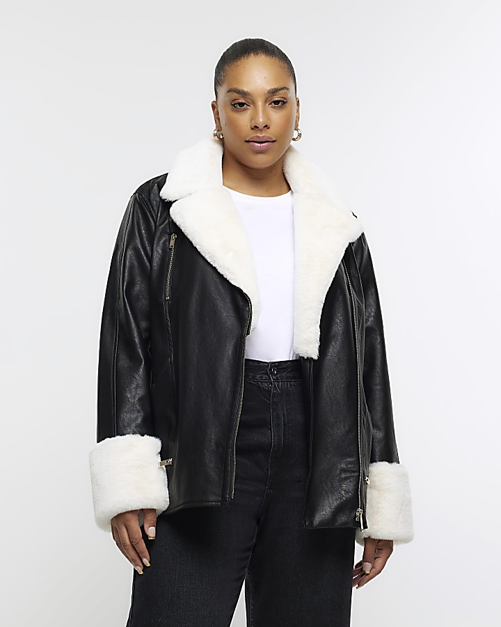 Plus black faux fur trim biker jacket | River Island