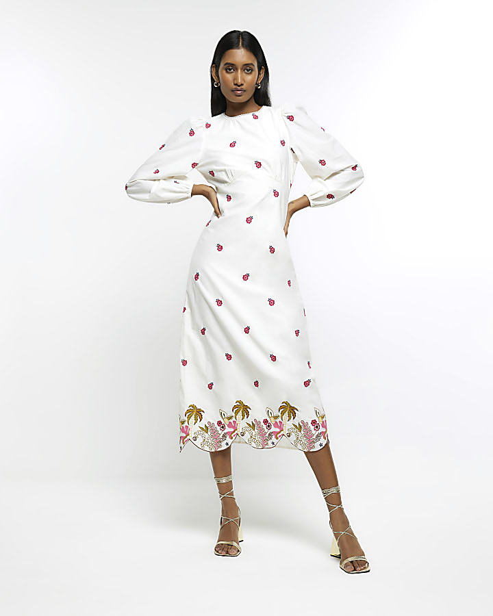 White embroidered floral swing midi dress