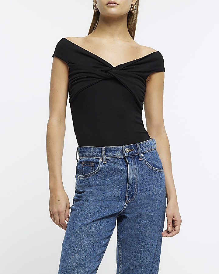 Black twist front bardot top