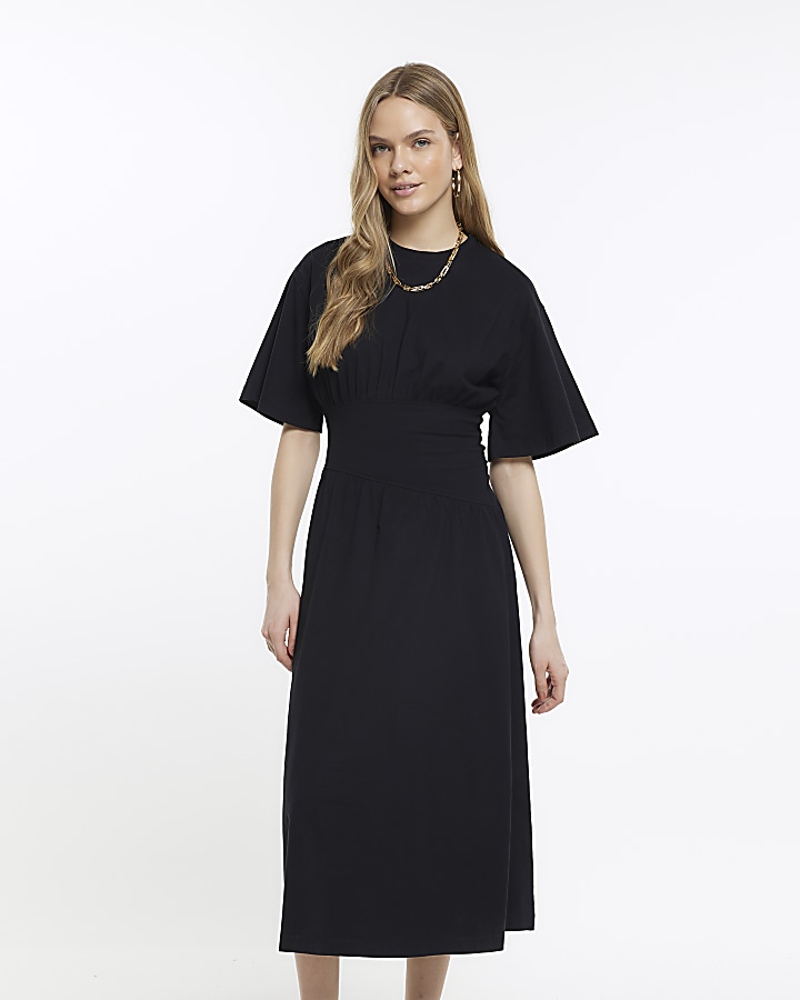 Black cinched waist midi T-shirt dress