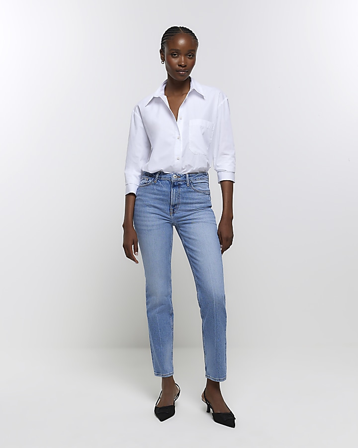 Blue high waisted slim straight jeans