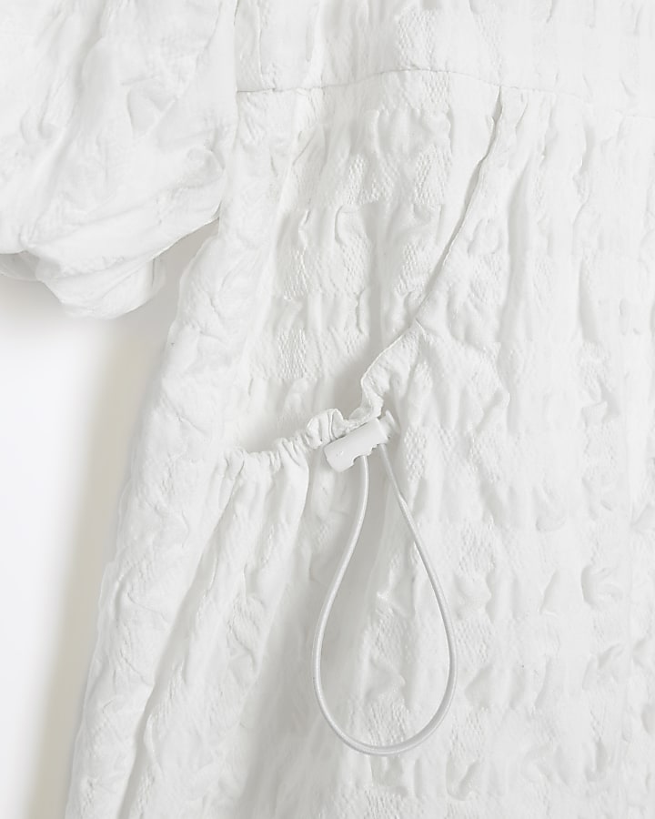 White textured puff sleeve smock midi dress