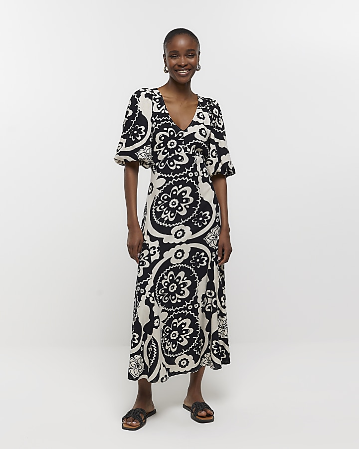 Cream printed midi dress with linen | River Island