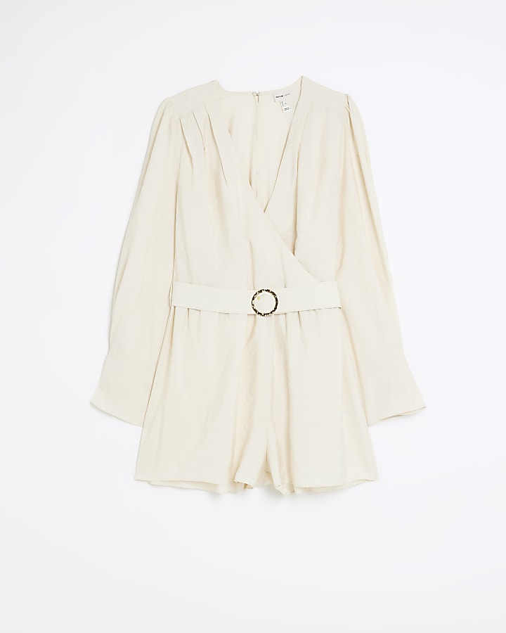 Cream belted long sleeve playsuit River Island