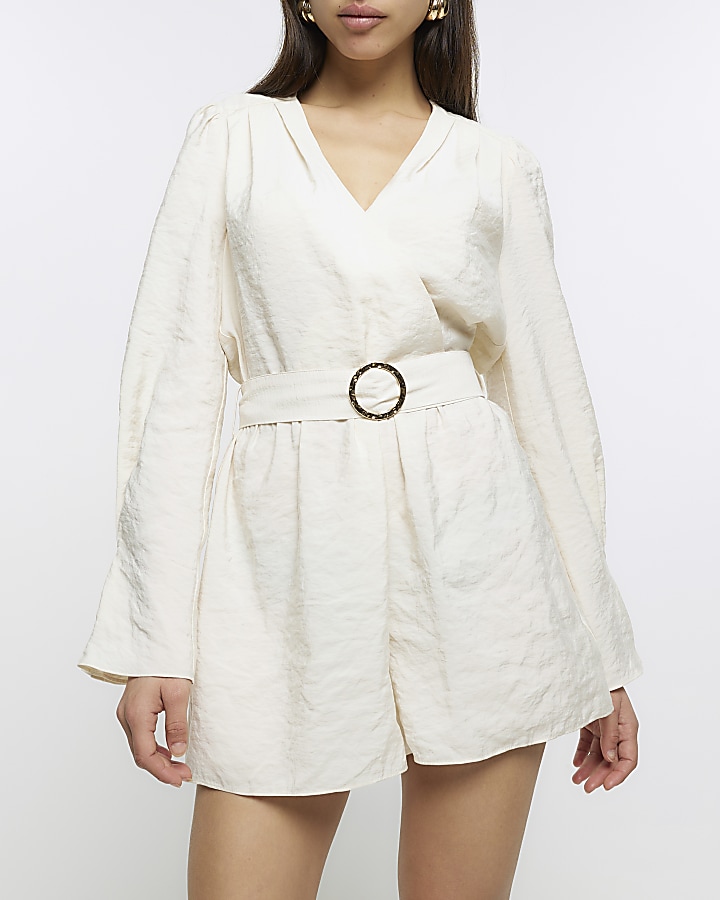 Cream belted long sleeve playsuit