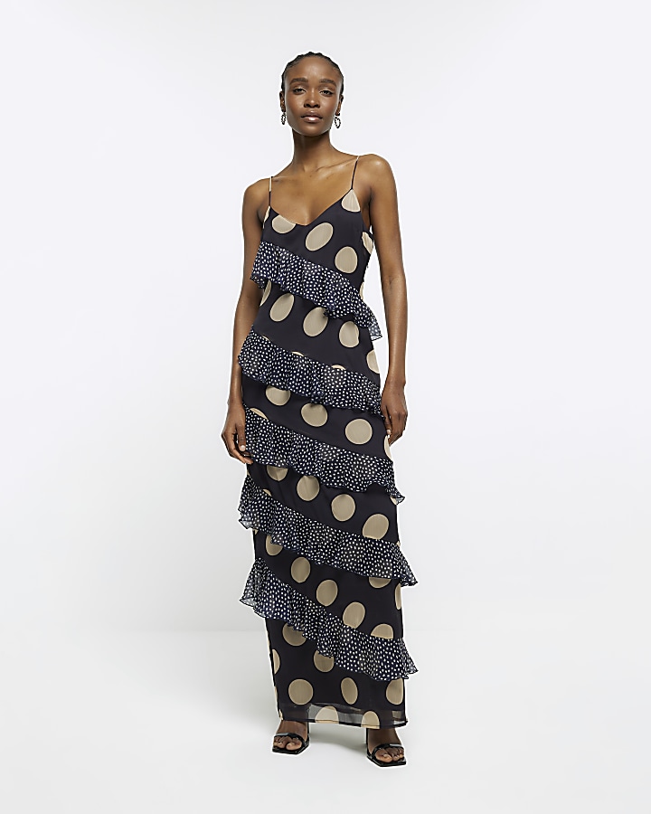 Navy polka dot ruffle maxi dress