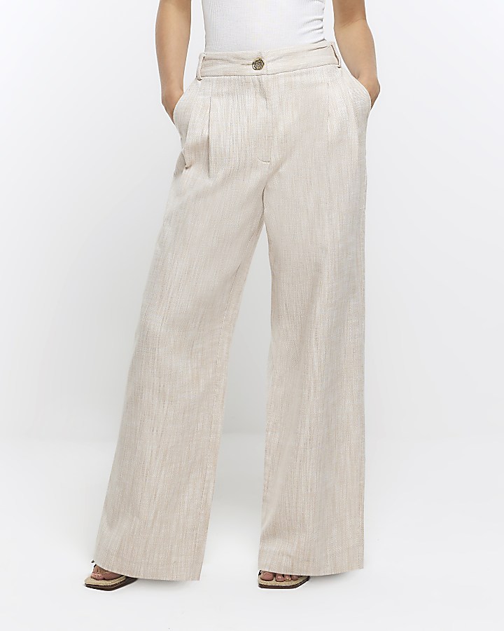 Petite beige wide leg trousers with linen | River Island