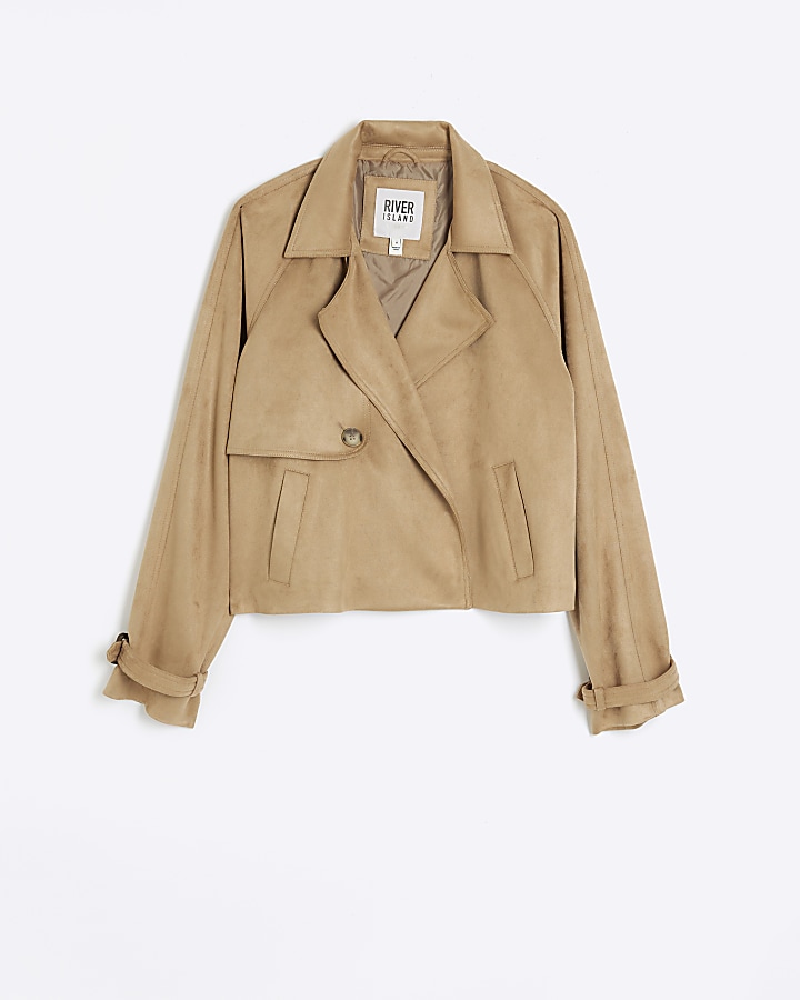 Brown faux suede crop trench jacket | River Island