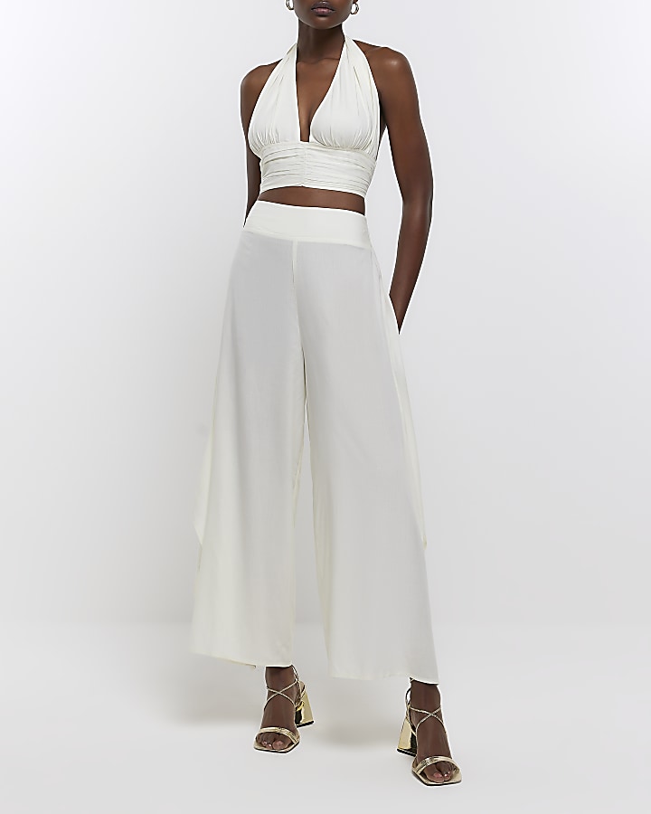 Cream high waist wide leg trousers