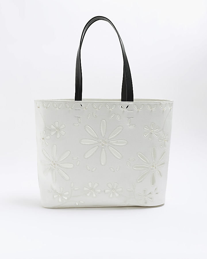 White laser cut flower shopper bag