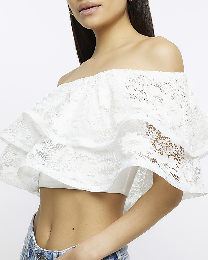 White lace floral frill bardot top