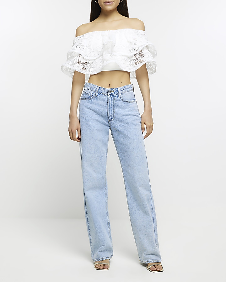 White lace floral frill bardot top