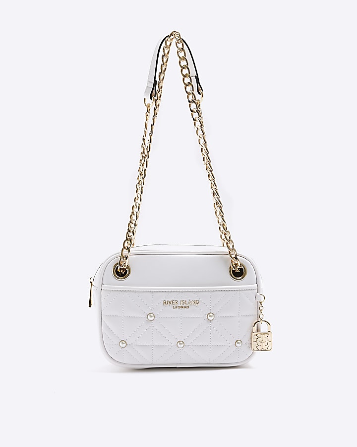 White pearl detail chain strap shoulder bag