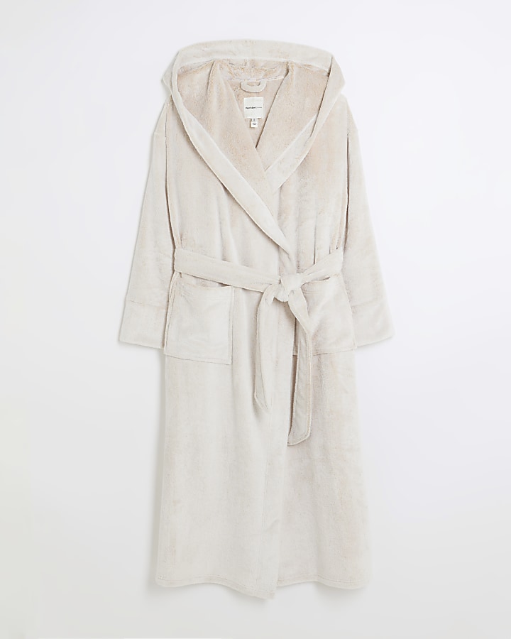 Beige fluffy hooded dressing gown