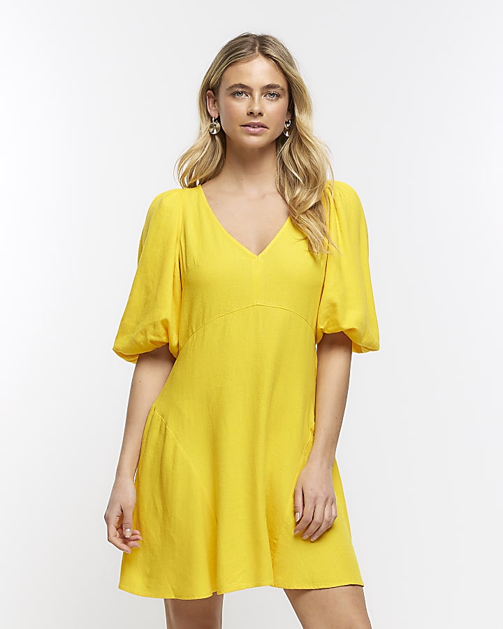 Yellow smock mini dress with linen