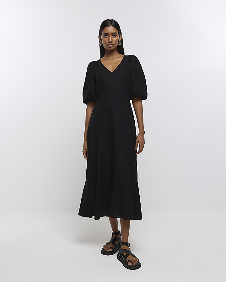 Black puff sleeve smock midi dress with linen River Island