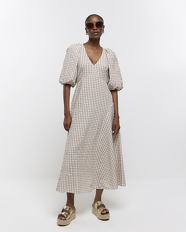 Beige gingham puff sleeve smock midi dress