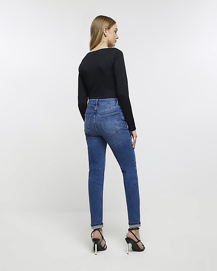 Blue high rise slim fit mom jeans