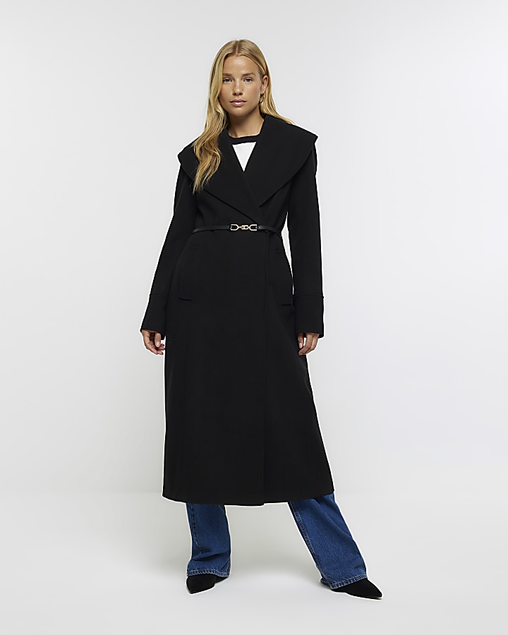 Black belted wrap longline coat