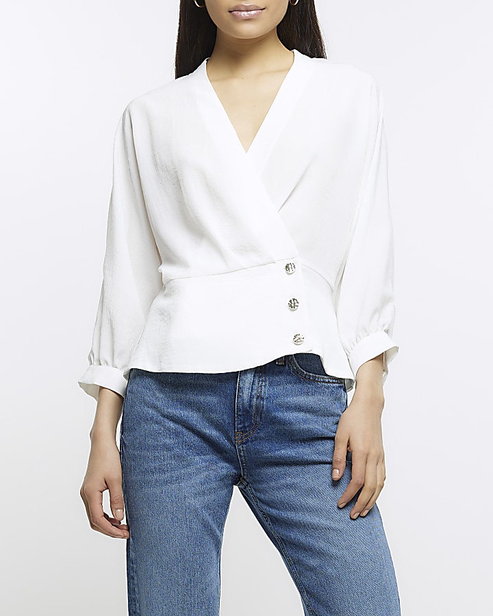 white wrap blouse long sleeve