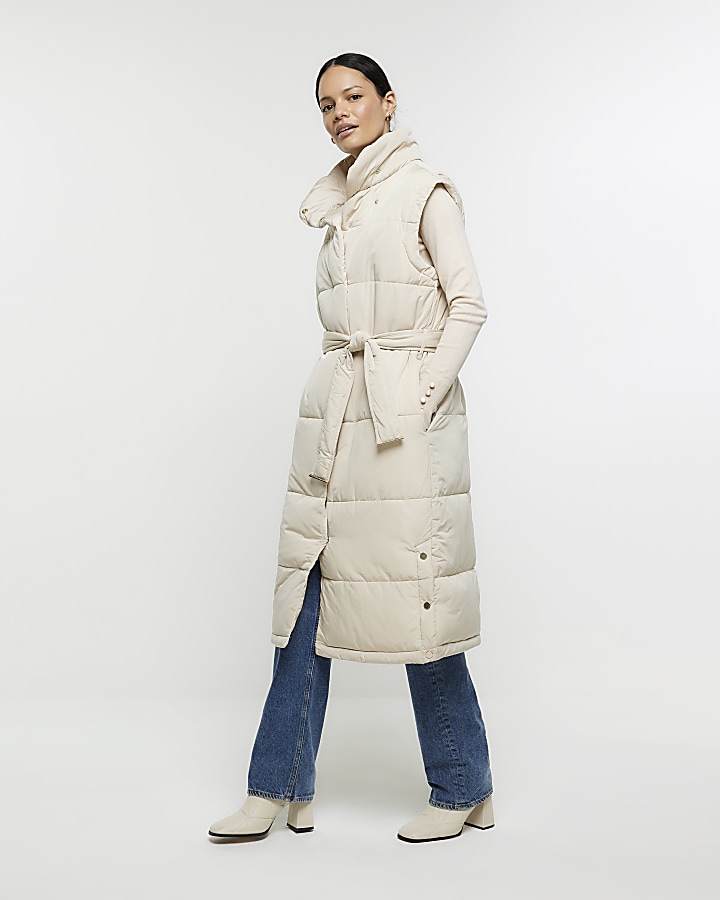 Cream belted padded longline gilet