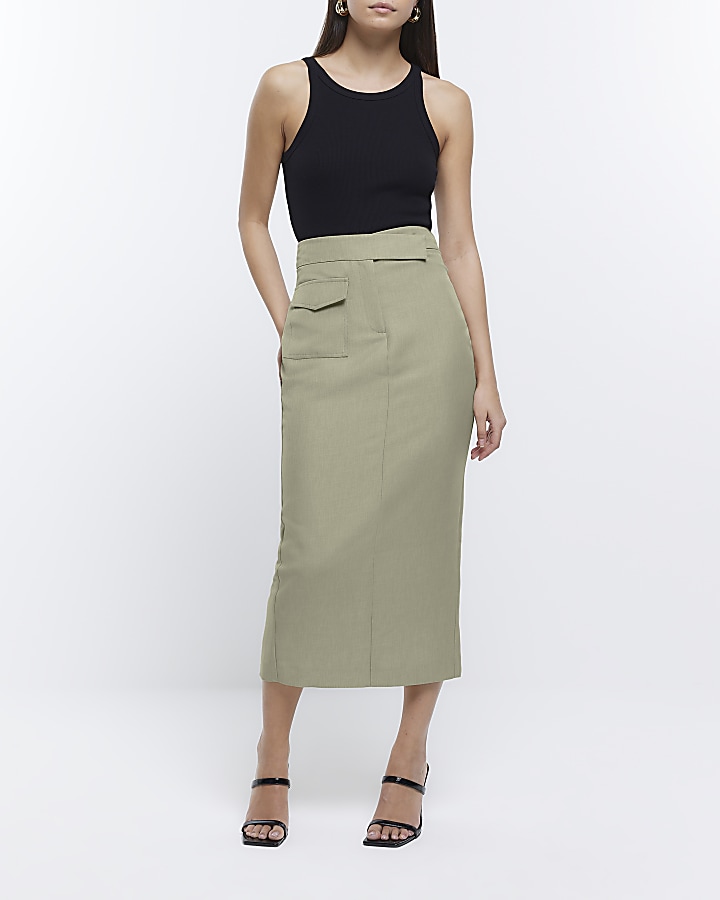 Khaki Utility midi Pencil skirt | River Island