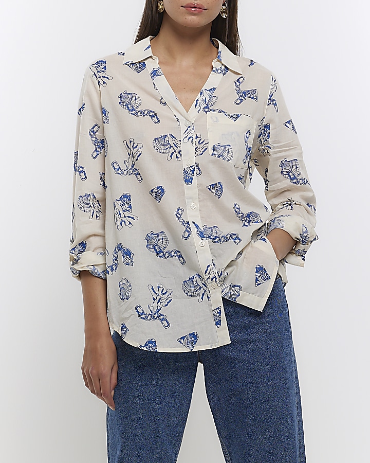 White shell print long sleeve shirt