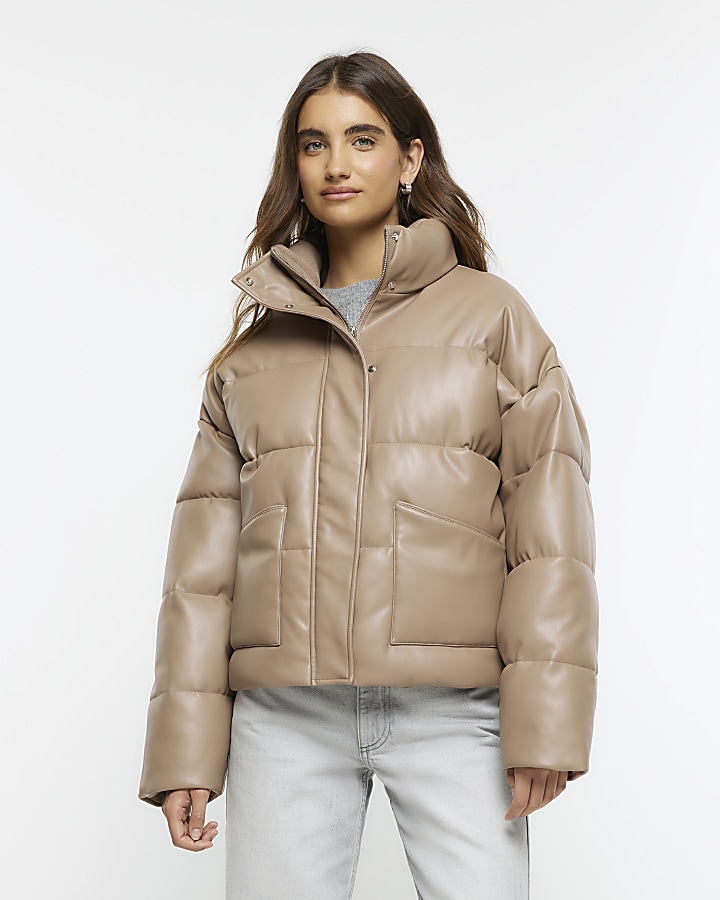 Brown faux leather padded jacket | River Island