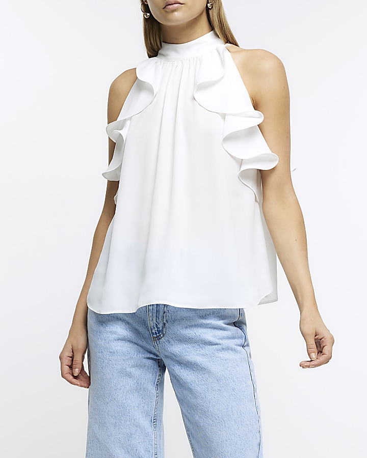 White sleeveless best sale ruffle top