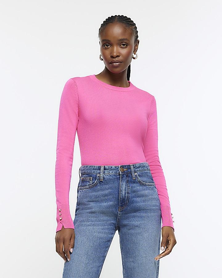Pink knitted long sleeve top | River Island