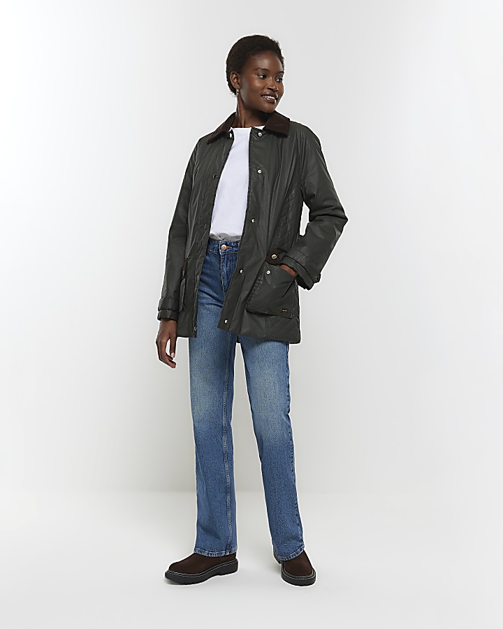 Khaki belted heritage waxed jacket River Island