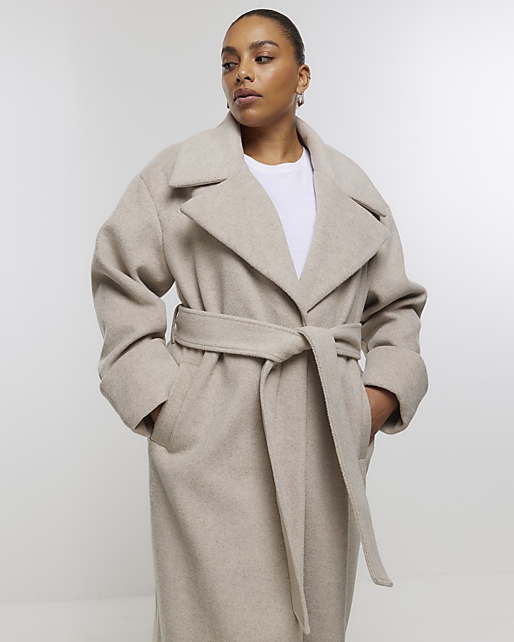 Plus beige belted robe coat | River Island